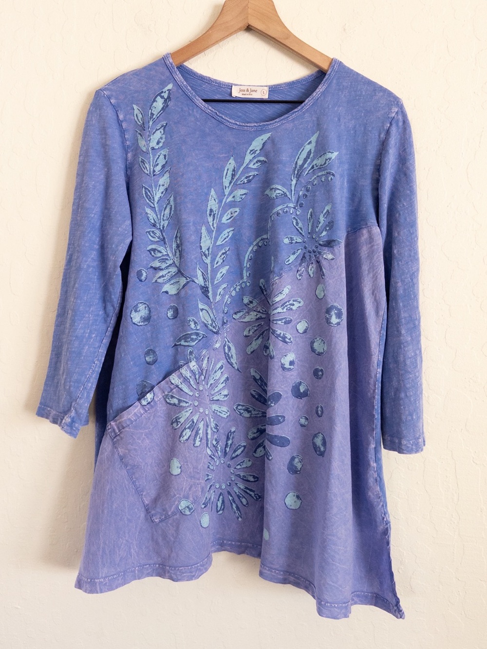 Jess & Jane Cotton Linen Floral Asymmetric Patch Pocket Tunic Large Lagenlook